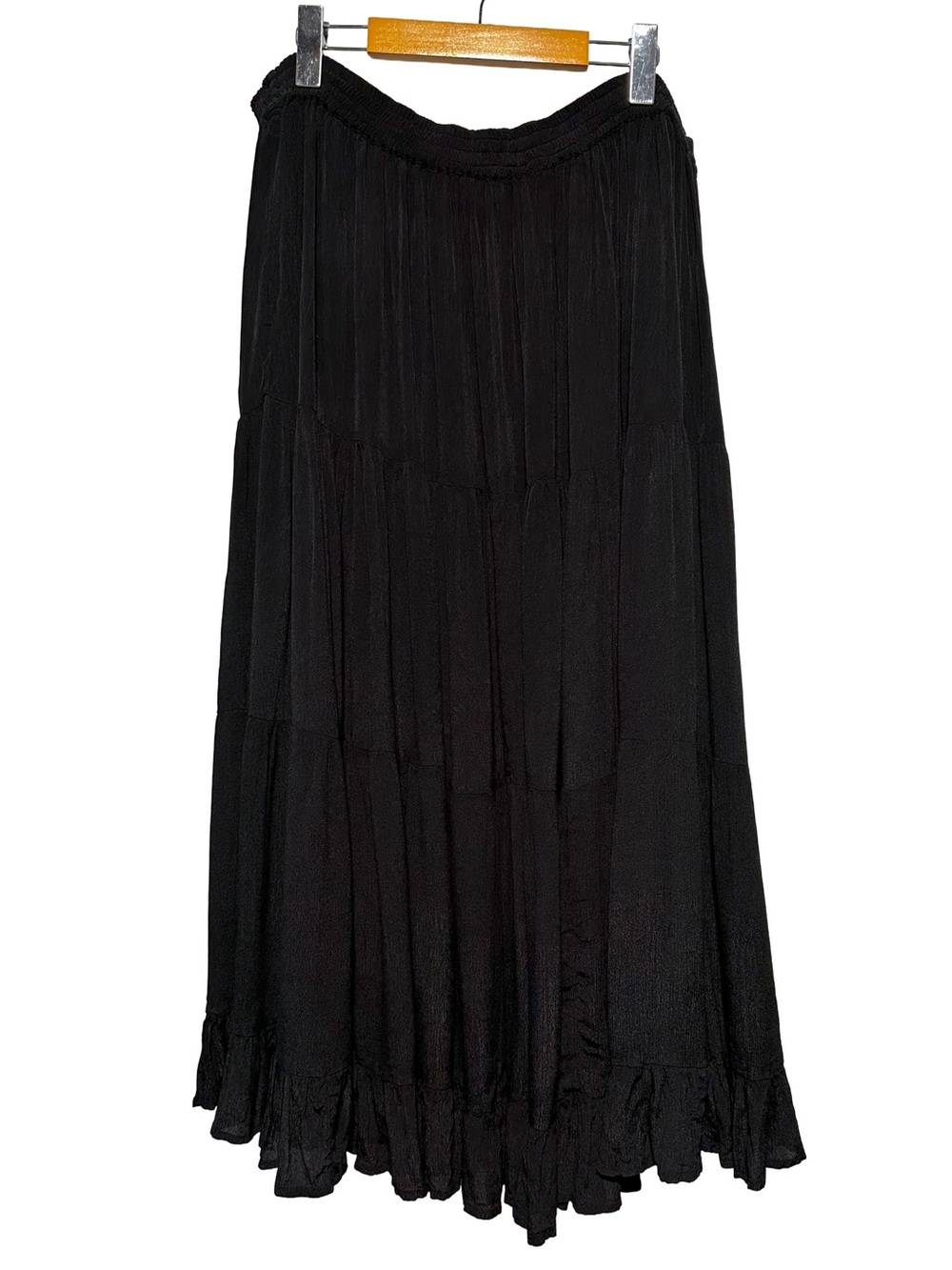 Black Boho Tiered Crinkle Rayon Maxi Skirt Elastic Waist Peasant Festival XL